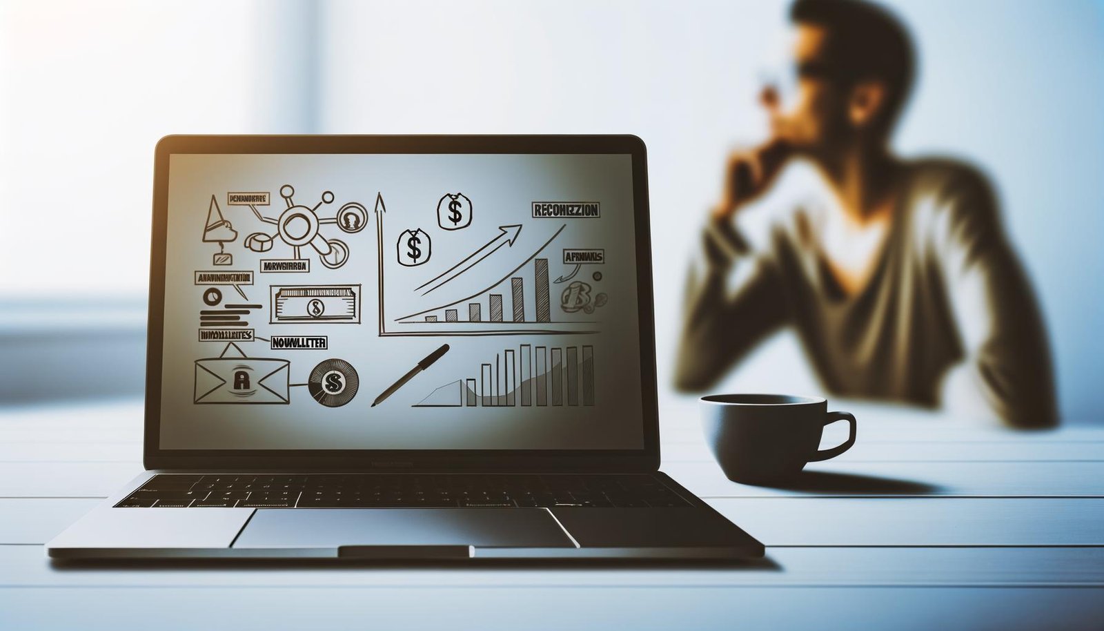 Moderner Schreibtisch mit Laptop, Umsatzdiagrammen, Monetarisierungs-Icons, Kaffeetasse und unscharfer, fokussierter Person im Hintergrund.