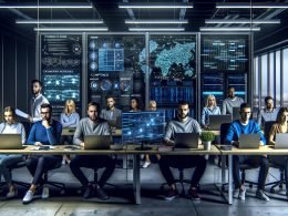 Fokussiertes SEO-Expertenteam analysiert Daten an großen Monitoren mit Analytics-Dashboards, Code und Netzwerkdiagrammen in modernem, urbanem Büro voller Technik.