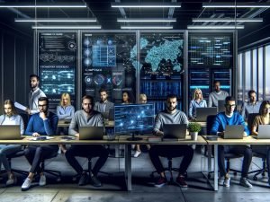 Fokussiertes SEO-Expertenteam analysiert Daten an großen Monitoren mit Analytics-Dashboards, Code und Netzwerkdiagrammen in modernem, urbanem Büro voller Technik.