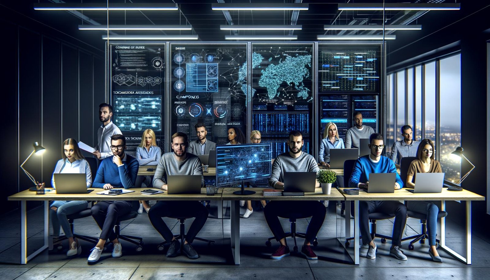 Fokussiertes SEO-Expertenteam analysiert Daten an großen Monitoren mit Analytics-Dashboards, Code und Netzwerkdiagrammen in modernem, urbanem Büro voller Technik.