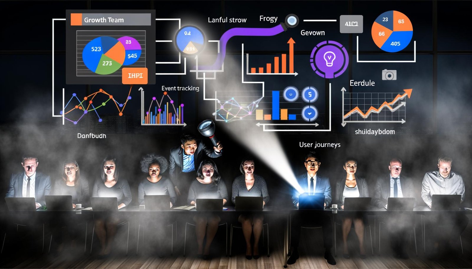 Team im dunklen Raum analysiert bunte Charts und Datenströme – Fokus auf Klarheit und Wachstum mithilfe von Analytics.