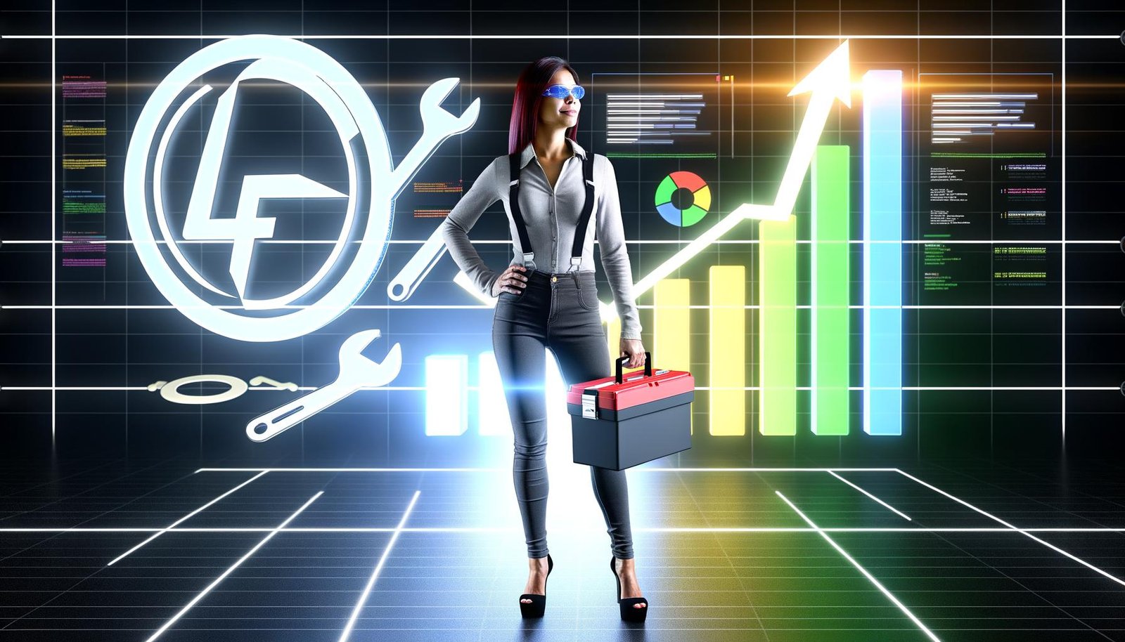 Dynamische Illustration eines selbstbewussten SEO-Experten mit Werkzeugkoffer vor einem modernen Joomla-Logo, begleitet von Suchmaschinen-Rankings und organisch wachsendem Diagramm-Balken im Hintergrund.