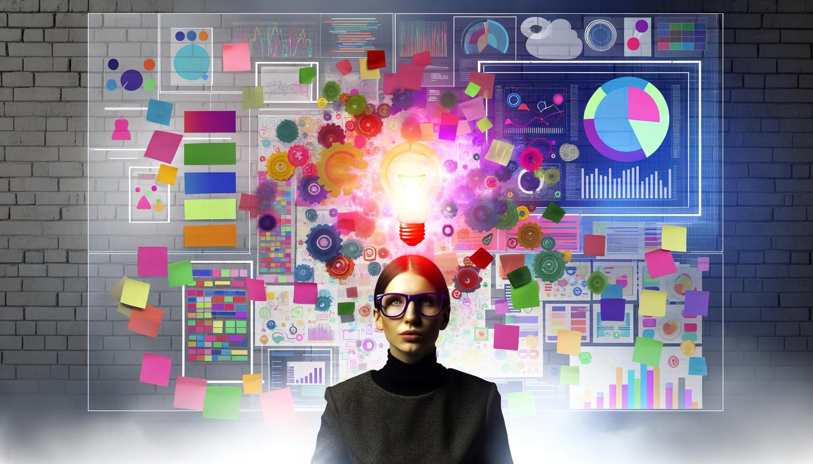 Kreative Person mit trendiger Brille arbeitet am Moodboard, bunte Notizen und Entwürfe, dahinter leuchtende digitale Analytics-Elemente und Diagramme.