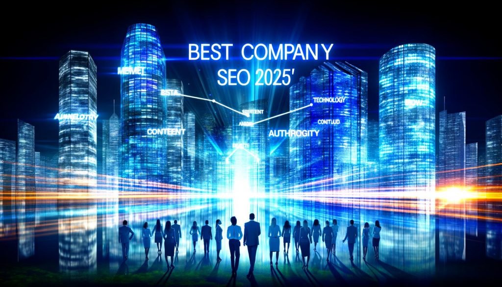 Futuristische Skyline einer Großstadt bei Nacht mit leuchtenden SEO-Begriffen auf den Hochhäusern, verbunden durch einen energetischen Datenfluss. Im Vordergrund steht eine entschlossene, vielfältige Business-Gruppe im modernen Look.