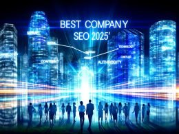 Futuristische Skyline einer Großstadt bei Nacht mit leuchtenden SEO-Begriffen auf den Hochhäusern, verbunden durch einen energetischen Datenfluss. Im Vordergrund steht eine entschlossene, vielfältige Business-Gruppe im modernen Look.