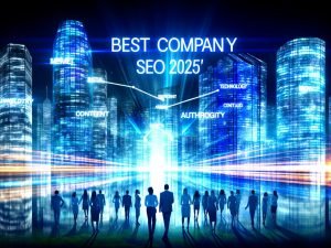 Futuristische Skyline einer Großstadt bei Nacht mit leuchtenden SEO-Begriffen auf den Hochhäusern, verbunden durch einen energetischen Datenfluss. Im Vordergrund steht eine entschlossene, vielfältige Business-Gruppe im modernen Look.