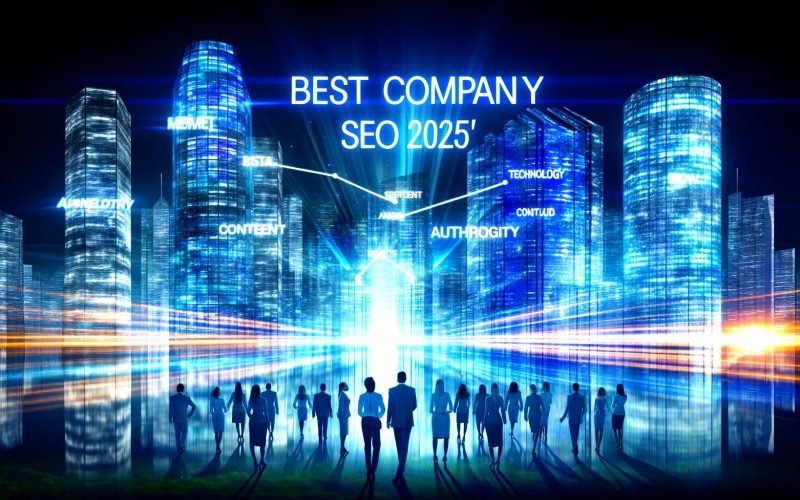 Futuristische Skyline einer Großstadt bei Nacht mit leuchtenden SEO-Begriffen auf den Hochhäusern, verbunden durch einen energetischen Datenfluss. Im Vordergrund steht eine entschlossene, vielfältige Business-Gruppe im modernen Look.