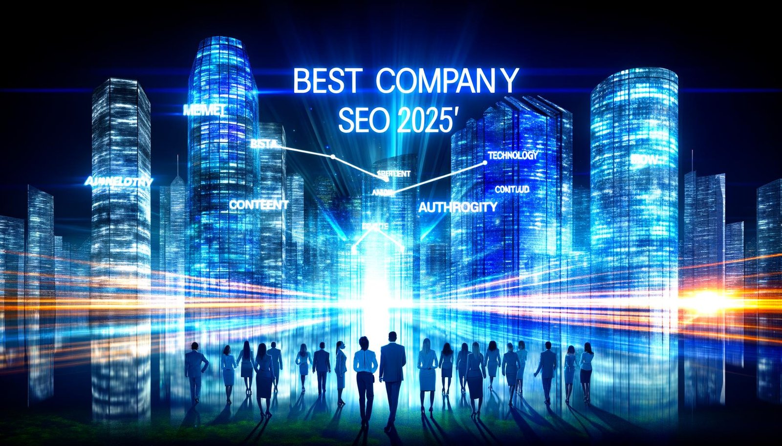 Futuristische Skyline einer Großstadt bei Nacht mit leuchtenden SEO-Begriffen auf den Hochhäusern, verbunden durch einen energetischen Datenfluss. Im Vordergrund steht eine entschlossene, vielfältige Business-Gruppe im modernen Look.