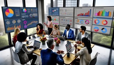 Modernes Marketingbüro mit diversen Teammitgliedern, digitalen Dashboards, Datenanalysen und engagierter Strategiearbeit.