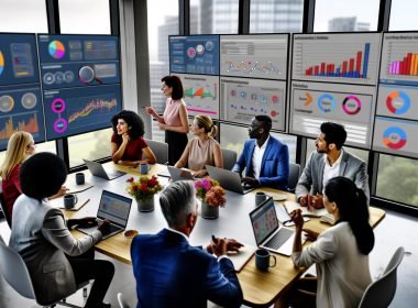 Modernes Marketingbüro mit diversen Teammitgliedern, digitalen Dashboards, Datenanalysen und engagierter Strategiearbeit.
