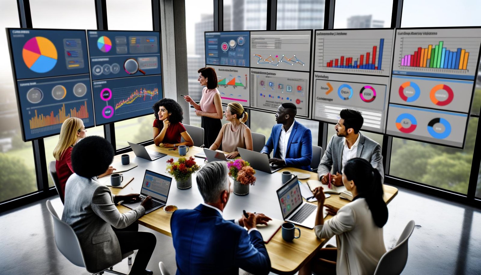 Modernes Marketingbüro mit diversen Teammitgliedern, digitalen Dashboards, Datenanalysen und engagierter Strategiearbeit.