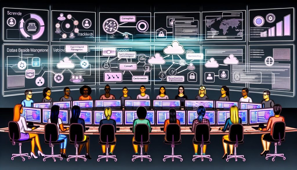 Vielfältiges Team von Marketing-Expert:innen arbeitet in einem futuristischen Büro an Bildschirmen mit Datenanalyse, Tag-Management, Automatisierung und Datenschutzsymbolen.