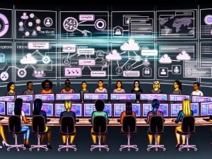 Vielfältiges Team von Marketing-Expert:innen arbeitet in einem futuristischen Büro an Bildschirmen mit Datenanalyse, Tag-Management, Automatisierung und Datenschutzsymbolen.