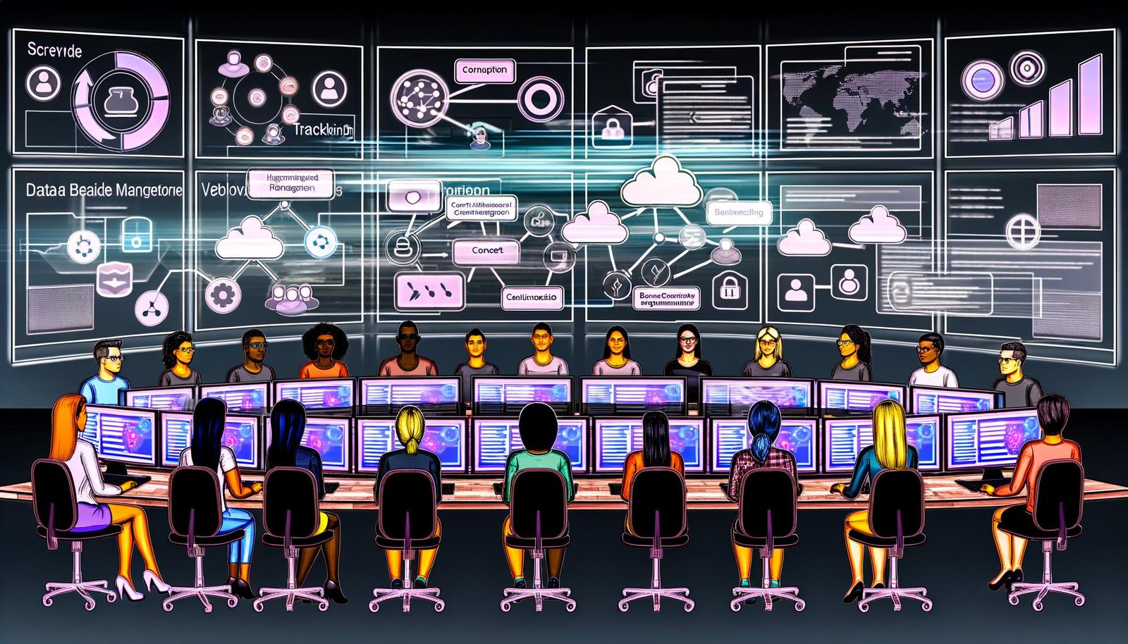 Vielfältiges Team von Marketing-Expert:innen arbeitet in einem futuristischen Büro an Bildschirmen mit Datenanalyse, Tag-Management, Automatisierung und Datenschutzsymbolen.