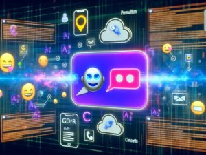 Futuristischer digitaler Marketing-Workspace mit großem Bildschirm, KI-Messenger-Dialog, leuchtenden Datenströmen, verschiedenen Geräten und Sicherheitsmerkmalen wie DSGVO-Symbolen und Consent-Bannern.