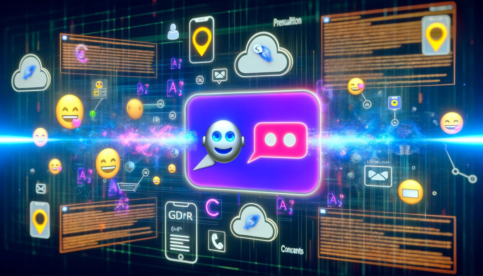 Futuristischer digitaler Marketing-Workspace mit großem Bildschirm, KI-Messenger-Dialog, leuchtenden Datenströmen, verschiedenen Geräten und Sicherheitsmerkmalen wie DSGVO-Symbolen und Consent-Bannern.
