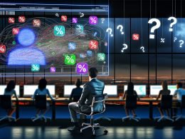 Gestresster Marketing-Manager vor digitalen Dashboards mit verworrenen Kanälen und skeptischem Chef im Büro bei Dämmerung.