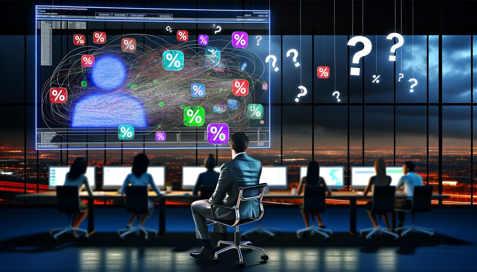 Gestresster Marketing-Manager vor digitalen Dashboards mit verworrenen Kanälen und skeptischem Chef im Büro bei Dämmerung.