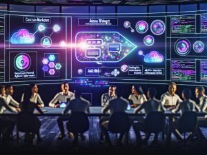 Futuristischer Workspace mit Teams vor interaktiver KI-gesteuerter Werbe-Chat-Oberfläche und verblassten klassischen Banneranzeigen an den Seiten.