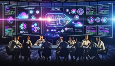 Futuristischer Workspace mit Teams vor interaktiver KI-gesteuerter Werbe-Chat-Oberfläche und verblassten klassischen Banneranzeigen an den Seiten.