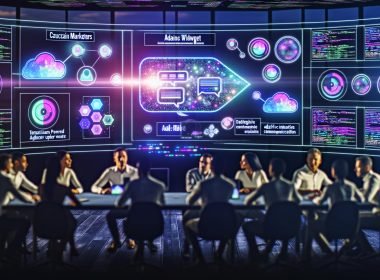 Futuristischer Workspace mit Teams vor interaktiver KI-gesteuerter Werbe-Chat-Oberfläche und verblassten klassischen Banneranzeigen an den Seiten.