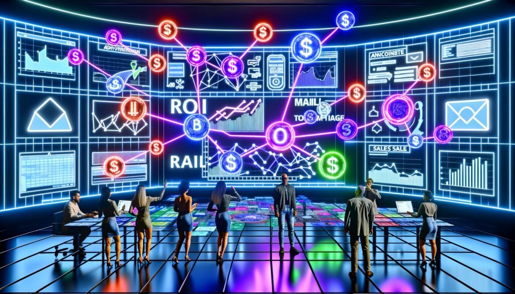 Futuristischer Kontrollraum mit Analytics-Bildschirmen, miteinander verbundenen Marketing-Kanälen und Marketern, die ROI und Conversion-Daten überwachen