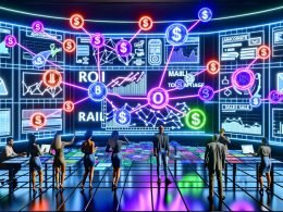 Futuristischer Kontrollraum mit Analytics-Bildschirmen, miteinander verbundenen Marketing-Kanälen und Marketern, die ROI und Conversion-Daten überwachen