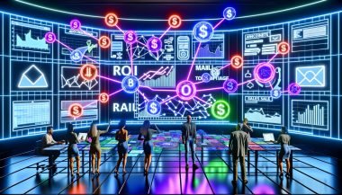 Futuristischer Kontrollraum mit Analytics-Bildschirmen, miteinander verbundenen Marketing-Kanälen und Marketern, die ROI und Conversion-Daten überwachen