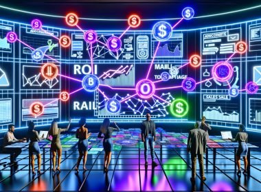Futuristischer Kontrollraum mit Analytics-Bildschirmen, miteinander verbundenen Marketing-Kanälen und Marketern, die ROI und Conversion-Daten überwachen