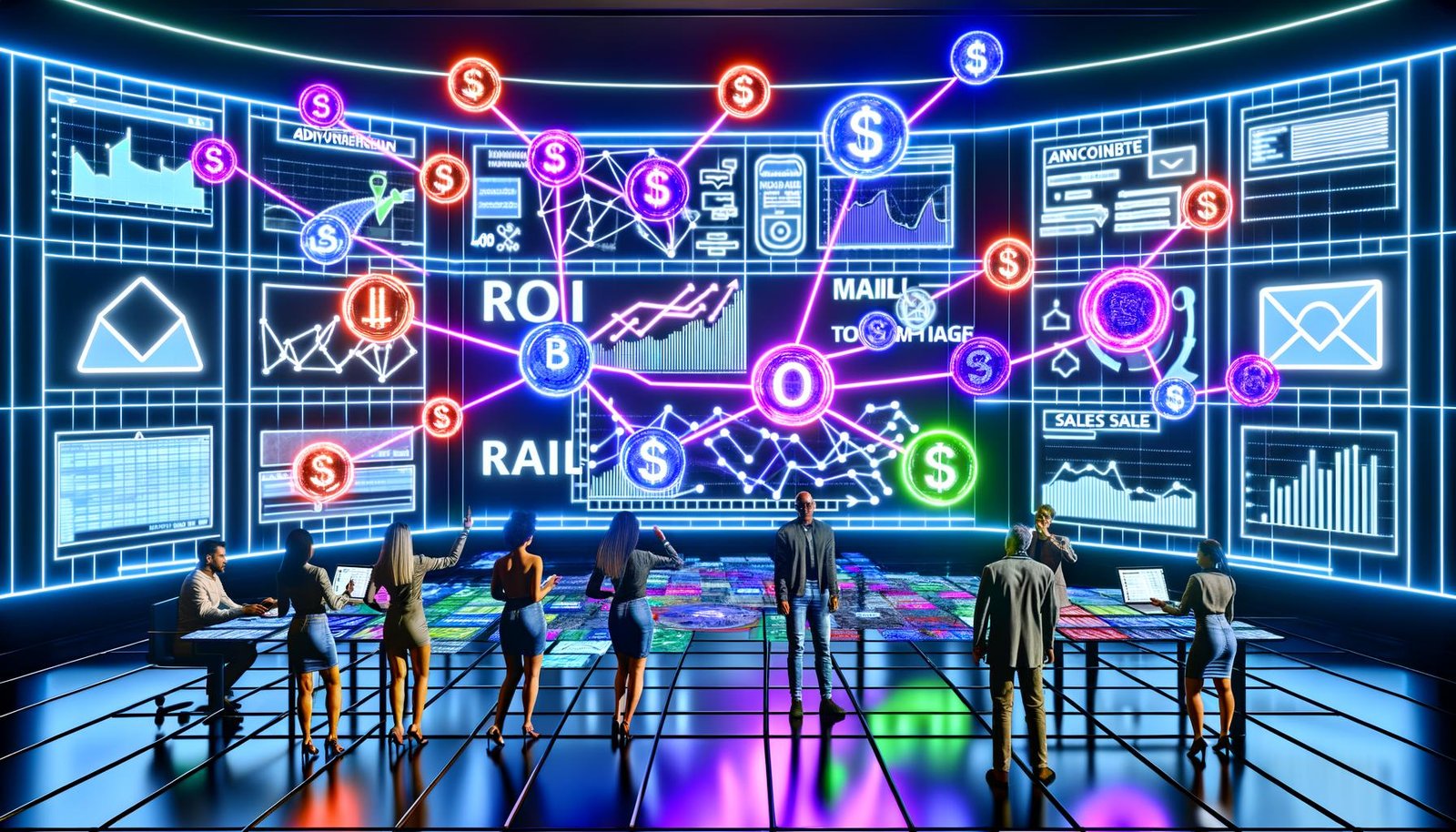 Futuristischer Kontrollraum mit Analytics-Bildschirmen, miteinander verbundenen Marketing-Kanälen und Marketern, die ROI und Conversion-Daten überwachen