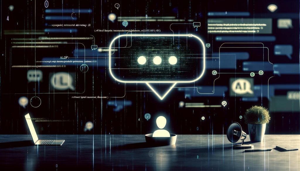 Moderne, minimalistische Illustration eines digitalen Marketing-Workspaces mit zentraler schwebender KI-Chatbubble, die Daten zu verschiedenen Geräten sendet. Nutzer-Avatare interagieren per natürlicher Sprache mit AI-Anzeigen, klassische Werbebanner erscheinen unscharf im Hintergrund.