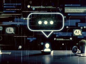 Moderne, minimalistische Illustration eines digitalen Marketing-Workspaces mit zentraler schwebender KI-Chatbubble, die Daten zu verschiedenen Geräten sendet. Nutzer-Avatare interagieren per natürlicher Sprache mit AI-Anzeigen, klassische Werbebanner erscheinen unscharf im Hintergrund.
