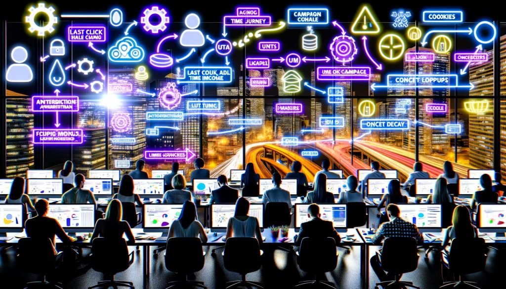 Digitale Marketer analysieren intensive Kampagnen-Daten in einem urbanen Büro mit großen Bildschirmen, Flowcharts, UTM-Tags und Attributionsmodellen auf Whiteboards.