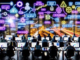 Digitale Marketer analysieren intensive Kampagnen-Daten in einem urbanen Büro mit großen Bildschirmen, Flowcharts, UTM-Tags und Attributionsmodellen auf Whiteboards.