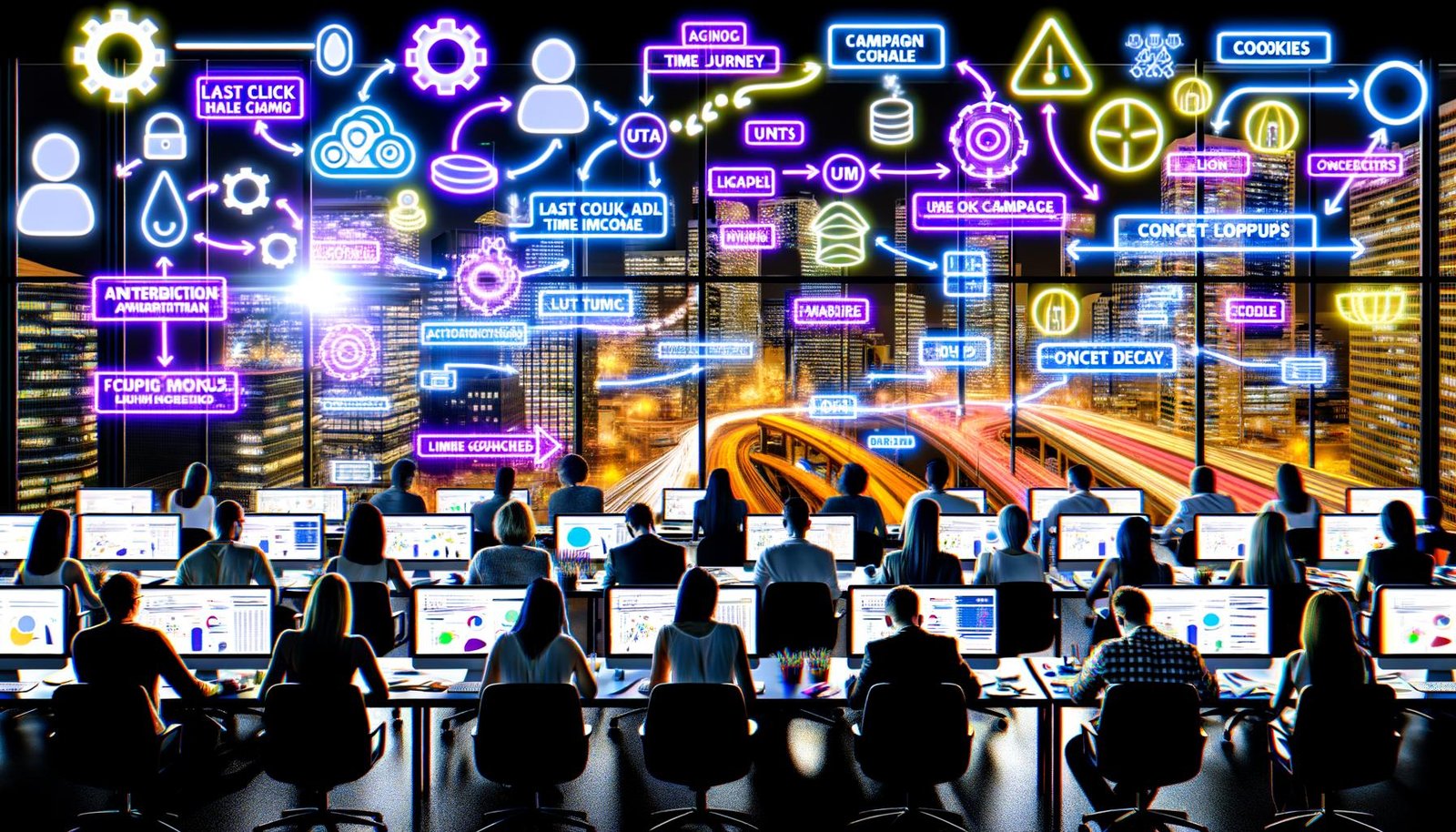 Digitale Marketer analysieren intensive Kampagnen-Daten in einem urbanen Büro mit großen Bildschirmen, Flowcharts, UTM-Tags und Attributionsmodellen auf Whiteboards.