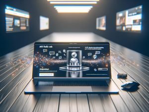 Moderner, dunkler Arbeitsplatz mit Laptop, AI-Dialoganzeige, animiertem Avatar und ausgegrauten klassischen Werbebannern im Hintergrund.