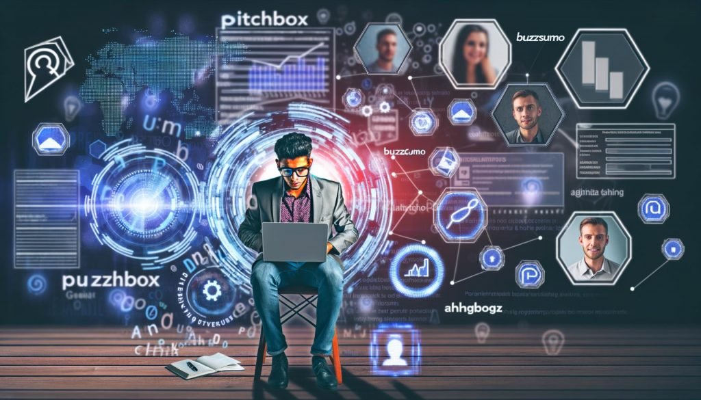 Stylischer junger Marketer mit Laptop, umgeben von BuzzSumo-, Pitchbox- und Ahrefs-Icons, schreibt personalisierte Outreach-E-Mails mit Datenströmen und Social-Media-Charts im Hintergrund.
