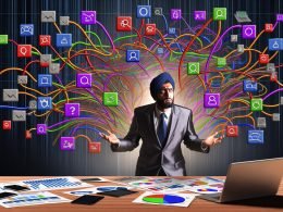Illustration eines überforderten Geschäftsmanns, der versucht, chaotische Online-Marketing-Daten von verschiedenen Kanälen wie Social Media, E-Mail und Suche mit Analyse-Diagrammen zu verbinden, um den Kampagnenerfolg zu messen.