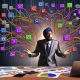 Illustration eines überforderten Geschäftsmanns, der versucht, chaotische Online-Marketing-Daten von verschiedenen Kanälen wie Social Media, E-Mail und Suche mit Analyse-Diagrammen zu verbinden, um den Kampagnenerfolg zu messen.