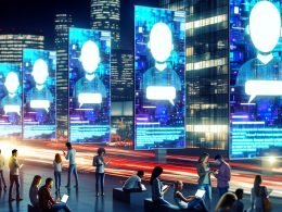Dynamische, futuristische Stadt bei Nacht mit leuchtenden Bildschirmen, auf denen KI-Avatare in animierten Chatfenstern interagieren, während Menschen im Vordergrund an digitalen Geräten Gespräche führen.