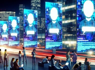 Dynamische, futuristische Stadt bei Nacht mit leuchtenden Bildschirmen, auf denen KI-Avatare in animierten Chatfenstern interagieren, während Menschen im Vordergrund an digitalen Geräten Gespräche führen.