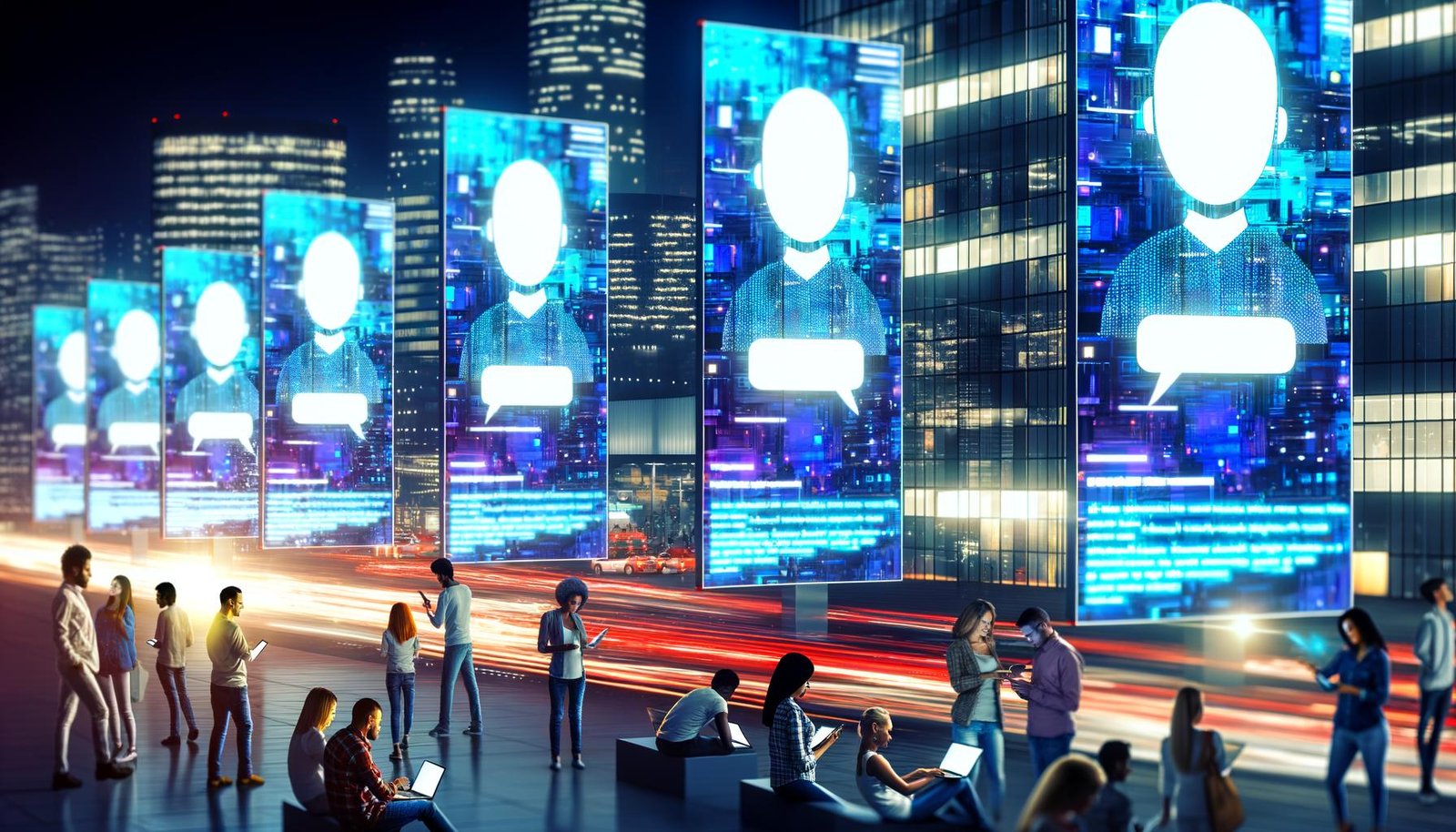 Dynamische, futuristische Stadt bei Nacht mit leuchtenden Bildschirmen, auf denen KI-Avatare in animierten Chatfenstern interagieren, während Menschen im Vordergrund an digitalen Geräten Gespräche führen.