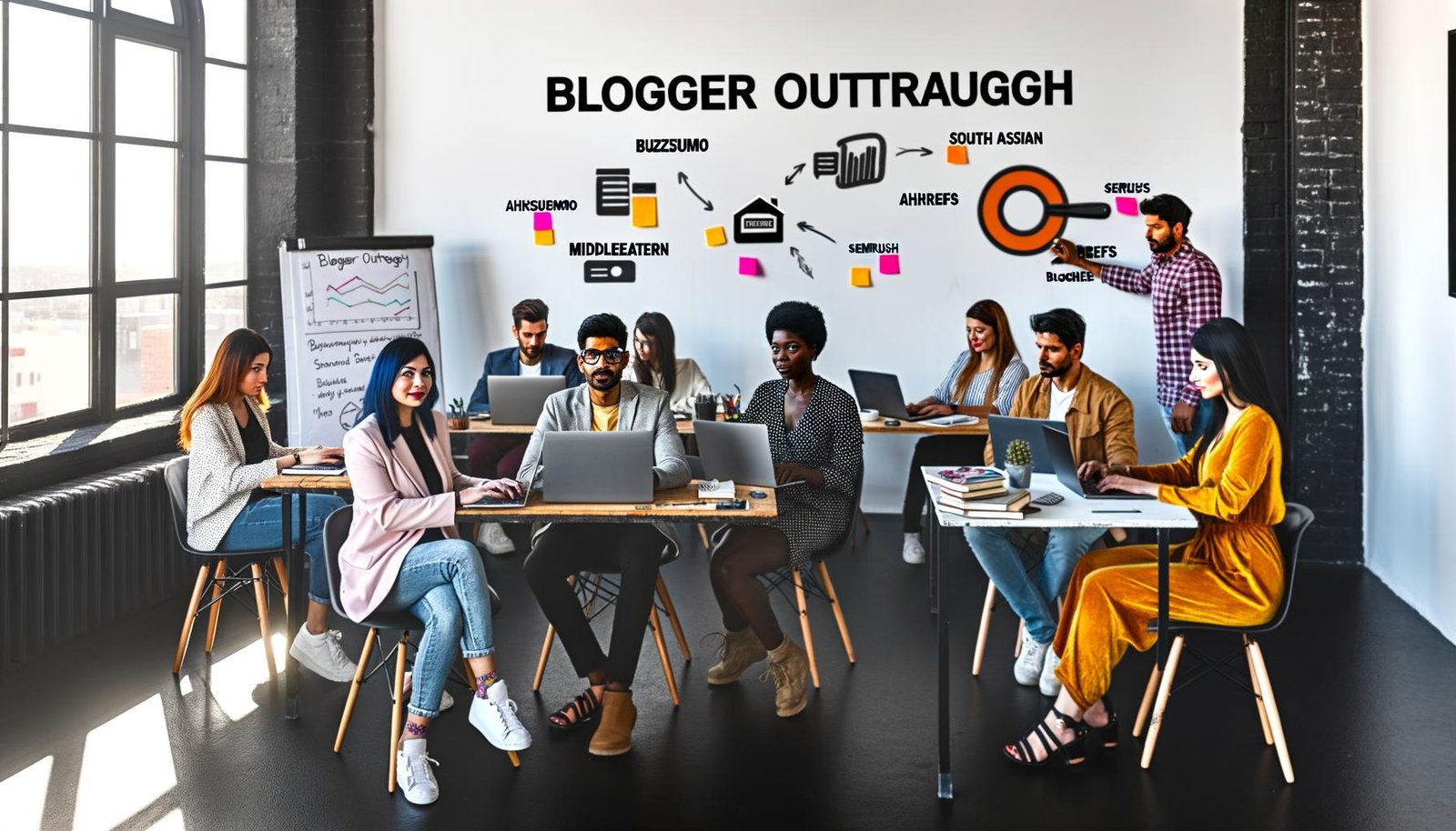 Energiegeladenes Kreativteam arbeitet im modernen Loft-Büro an Blogger Outreach Strategien mit digitalen SEO-Tools, Whiteboards und Post-its.