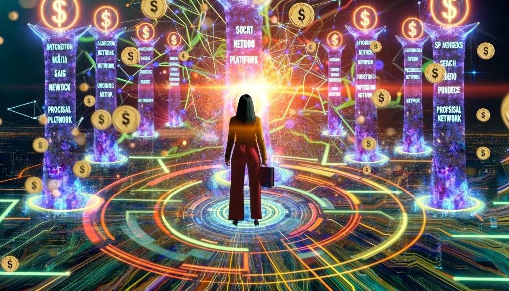 Dynamische Illustration eines Marketers zwischen Facebook, Google, TikTok und LinkedIn mit Datenströmen, Analysediagrammen, Dollarzeichen und Kabelgewirr im Zentrum als Symbol für den Attribution-Dschungel