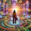 Dynamische Illustration eines Marketers zwischen Facebook, Google, TikTok und LinkedIn mit Datenströmen, Analysediagrammen, Dollarzeichen und Kabelgewirr im Zentrum als Symbol für den Attribution-Dschungel