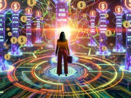 Dynamische Illustration eines Marketers zwischen Facebook, Google, TikTok und LinkedIn mit Datenströmen, Analysediagrammen, Dollarzeichen und Kabelgewirr im Zentrum als Symbol für den Attribution-Dschungel