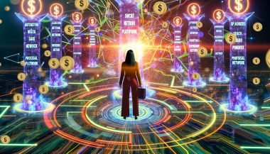 Dynamische Illustration eines Marketers zwischen Facebook, Google, TikTok und LinkedIn mit Datenströmen, Analysediagrammen, Dollarzeichen und Kabelgewirr im Zentrum als Symbol für den Attribution-Dschungel
