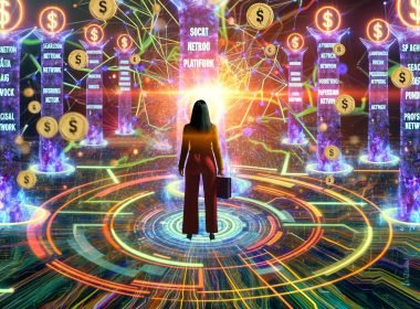 Dynamische Illustration eines Marketers zwischen Facebook, Google, TikTok und LinkedIn mit Datenströmen, Analysediagrammen, Dollarzeichen und Kabelgewirr im Zentrum als Symbol für den Attribution-Dschungel