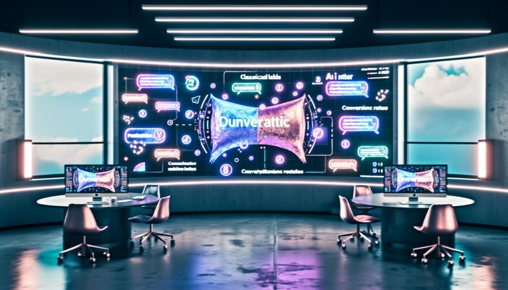 Futuristisches Marketing-Dashboard mit KI-basierten Gesprächsschnittstellen und Echtzeit-Analytics, klassische Banner im Hintergrund unscharf