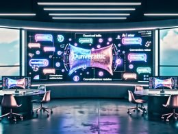 Futuristisches Marketing-Dashboard mit KI-basierten Gesprächsschnittstellen und Echtzeit-Analytics, klassische Banner im Hintergrund unscharf